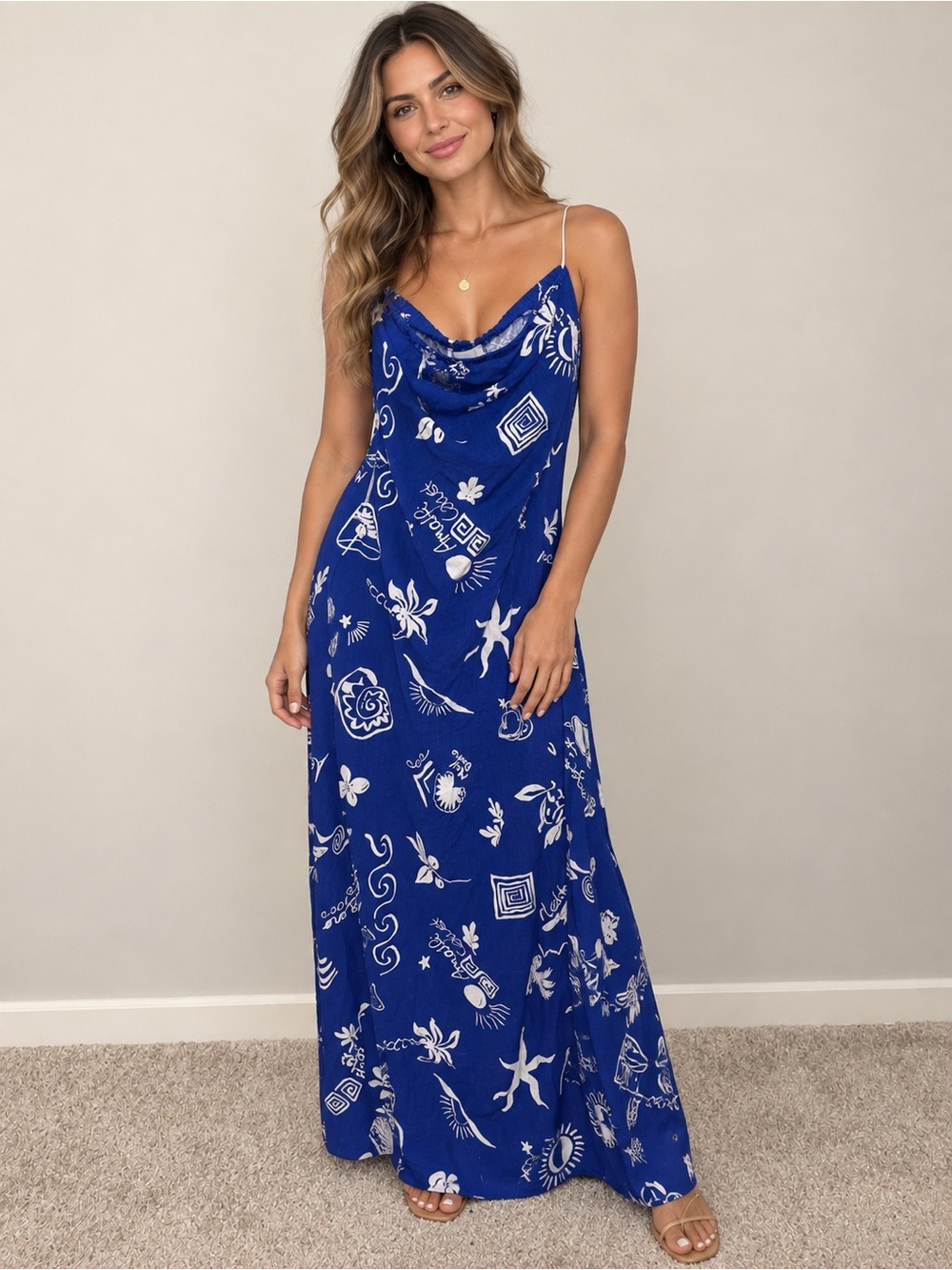 Royal Blue Printed Cowl Neck Maxi Dress